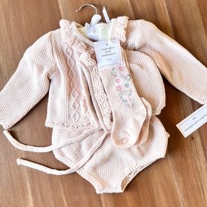 NWT Baby Girl Pink Knit Sweater Outfit with Diaper Cover, Socks, and Bonnet